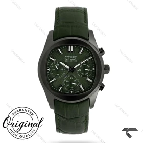 ساعت کرست مردانه 6379-3 مشکی بند چرم سبز Crest-11067-G