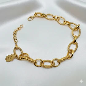 دستبند برند شین مدل «بیضی خاویاری» | با آبکاری طلای 24 عیار و بافت برجسته