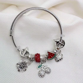 دستبند بنگل استیل طرح «پاندورا تابستانی» | با آویز هندوانه و گیلاس (قرمز)
