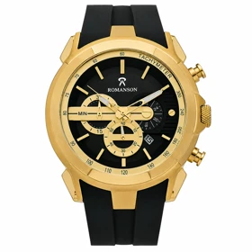 ساعت رومانسون مردانه کرنوگراف دار طلایی بند رابر مشکی مدل Romanson-8259-G