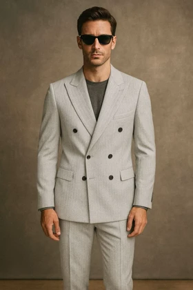 ست دو تیکه کت شلوار دبل برست دیپلمات طوسی روشن