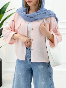 شومیز دو جیب حصیری - گلبهی