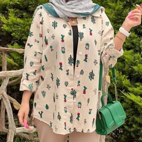 مانتو زنانه لینن نچرال طرح کاکتوس عیدانه
