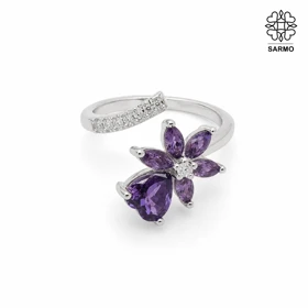 انگشتر استیل گل‌دار طرح قلب رنگ بنفش نقره ای کد 407074014