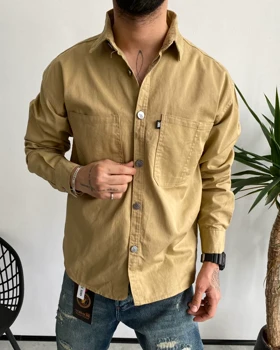 پیراهن دوجیب کتان آستین بلند بهاره ZARA رنگ خاکی