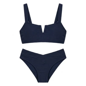 بیکینی دوتکه Cupshe مدل Ribbed V-Neck - رنگ سرمه‌ای (Navy) با پارچه کبریتی