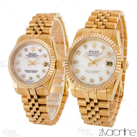 ست ساعت رولکس دیت جاست طلایی صفحه سفید نگین‌دار 104451