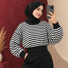 بلوز بافت کراپی راه راه ایلای کد 6066 (مشکی)