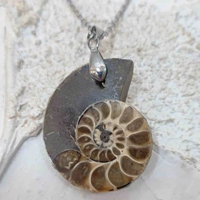 گردنبند آمونیت اصل کد (همراه با زنجیر استیل و بند چرمی)50