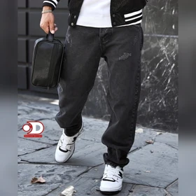 شلوار نیم بگ ذغالی سیر مردانه پارچه جین ترک-فول