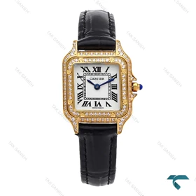 ساعت مچی کارتیه پنته زنانه طلایی بند چرم فول نگین Cartier-6273-L