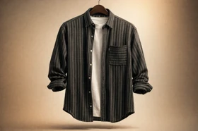 پیراهن پشمی مردانه راه راه ذغالی – جیب دیزاینر افقی_طراحی مینیمال پرمیوم