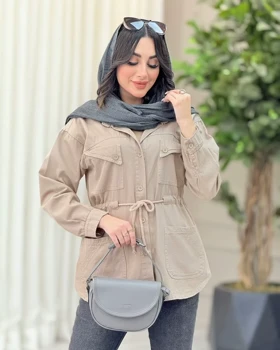 مانتو کتان کمرگت سرجیب مثلثی