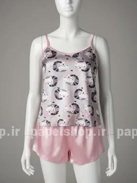ست لباس خواب تاپ و شورتک ساتن طرح گربه و قلب