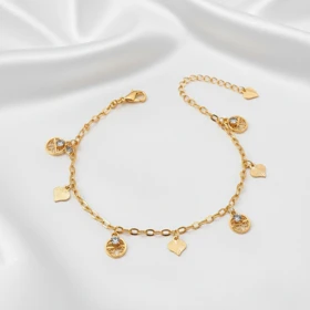 پابند ژوپینگ آویز قلب و سکه نگین‌دار طلایی