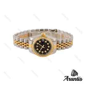 ساعت رولکس زنانه دورنگ طلایی صفحه مشکی دورنگین w-3045