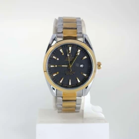 ساعت مچی مردانه اومگا Omega تاریخ دار با ماندگاری رنگ بالا (بنده نقره ای طلائی صفحه مشکی)