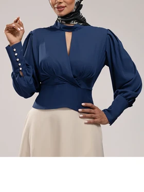 بلوز مجلسی زنانه کرپ حریر یقه چپ راستی آستین پفی 40106