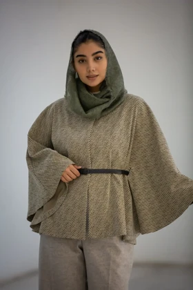 پالتو پانچ ژاکارد کمربنددار (کرم روشن)