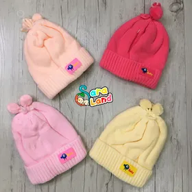 کلاه بافت نوزاد پوم دار رنگی طرح پرنده و baby