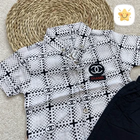 پیراهن نخی و شلوارک کتان پسرانه طرح CHANEL مناسب 1 تا 8 سال