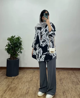 تونیک مانتویی جلو بسته پری طرح برگ کد 3059