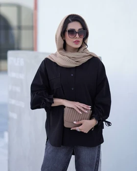 شومیز لینن جلو بسته یقه مردانه آستین چین بنددار