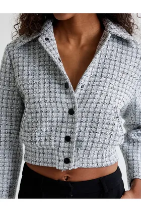 Tweed Bomber ژاکت جیبی پیراهن یقه دکمه دار 5WAK50023UW