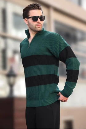 ژاکت مردان راه راه یقه سبز زیپ E7272
