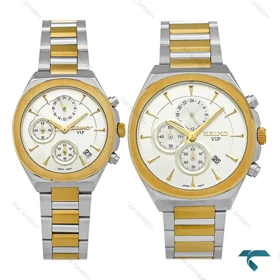 ست ساعت سیکو Vip سه موتوره دورنگ طلایی صفحه سفید Seiko-8817-S