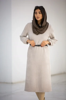 پالتو بلند کفتان زنانه یقه گرد بیسکوییتی