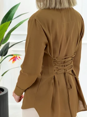 شومیز لینن پشت بندی زنانه - کاراملی