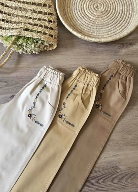 شلوار بگ کتان دخترانه گلدوزی شده