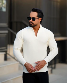 بافت نیم‌زیپ مردانه یقه‌ایستاده Slim Fit