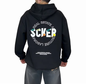 هودی مشکی اورسایز گرافیکی SCKER - طرح چاپ پشت - مناسب استایل یونیسکس