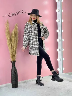 پالتو چهارخونه یقه خزدار