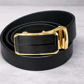 کمربند مشکی مردانه سگک مشکی با قاب طلایی کمربند رسمی و اداری اتوماتیک