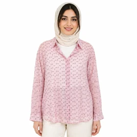 شومیز شاین شیشه ای دوتیکه کراپ دار (صورتی،طرح miumiu)وارداتی