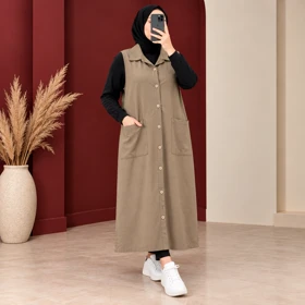 سارافون بلند نخ لینن مدل آریانا کد 6069 (کرم خاکی)