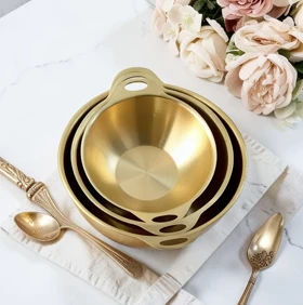 کاسه استیل دو دسته گرد و گود طلایی