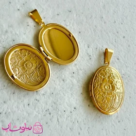 گردنبند زنانه استیل مدل لاکت بیضی گل‌دار طلایی بازشو کد 1591