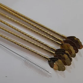 نی شربت استیل طلایی 6عددی بافرچه طرح برگ/p401