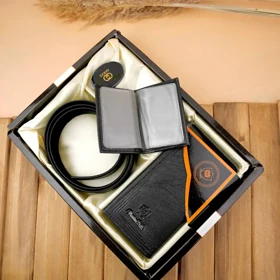 ست چهار تکه کیف پول کمربند و جاکارتی مردانه چرمی massimo dutti 106-4 (مشکی)