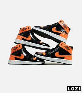 کفش کتانی مردانه و زنانه ساق‌دار مشکی نارنجی ورنی NIKE jordan 1