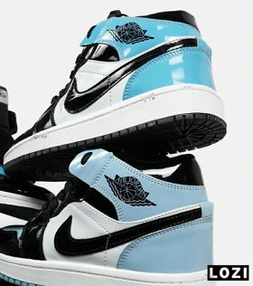 کفش کتانی ساق‌دار مردانه و زنانه آبی سفید مشکی ورنی NIKE jordan 1