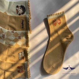 جوراب نیم ساق گلبهی طرح دخترو پاپیون وارداتی