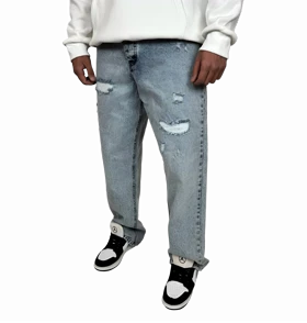 شلوار جین مردانه بگ فیت (Baggy Fit) - رنگ آبی یخی زاپ‌دار - فیت لش