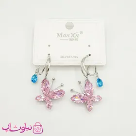 گوشواره دخترانه نقره ای طرح پروانه صورتی