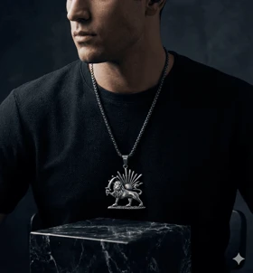 گردنبند طرح شیر و خورشید استیل (نقره‌ای آنتیک)