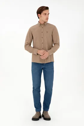 پیراهن پایه آستین بلند خاکی مردانه 50293980-VR027 1083370